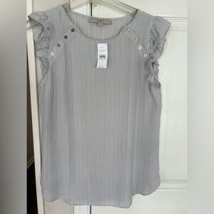 LOFT Black and White Pinstripe Ruffle Sleeve Blouse